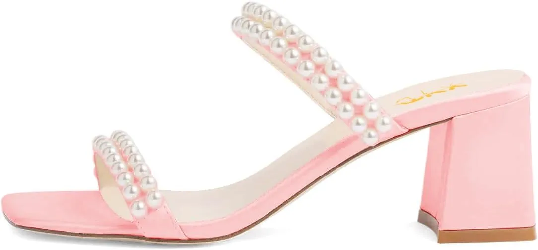 XYD Women Slip-on Block Heel Sandal Pearl Mules Double Straps Square Open Toe Summer Grace Bridal Party Shoes