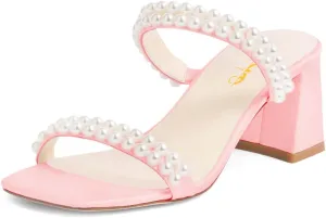 XYD Women Slip-on Block Heel Sandal Pearl Mules Double Straps Square Open Toe Summer Grace Bridal Party Shoes