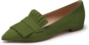 XYD Women Vintage Fringe Dress Flats Pointy Closed Toe Slip Ons Driver Loafers Chunky Low Heel Casual Shoes