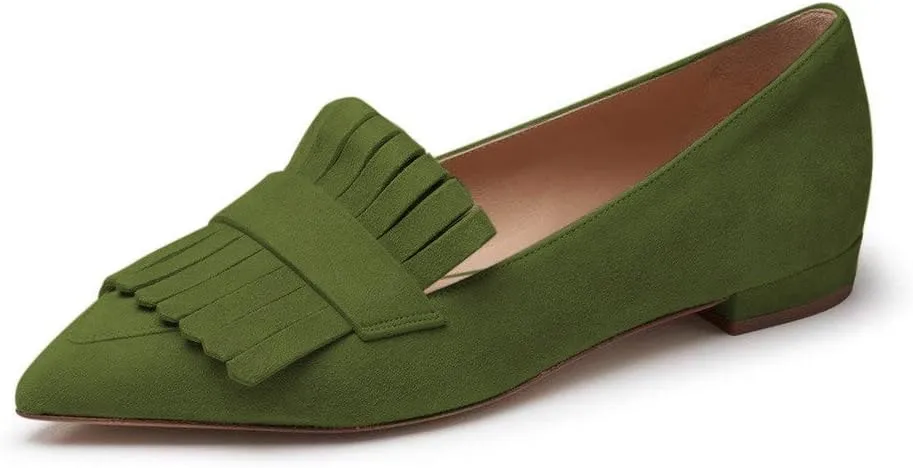 XYD Women Vintage Fringe Dress Flats Pointy Closed Toe Slip Ons Driver Loafers Chunky Low Heel Casual Shoes