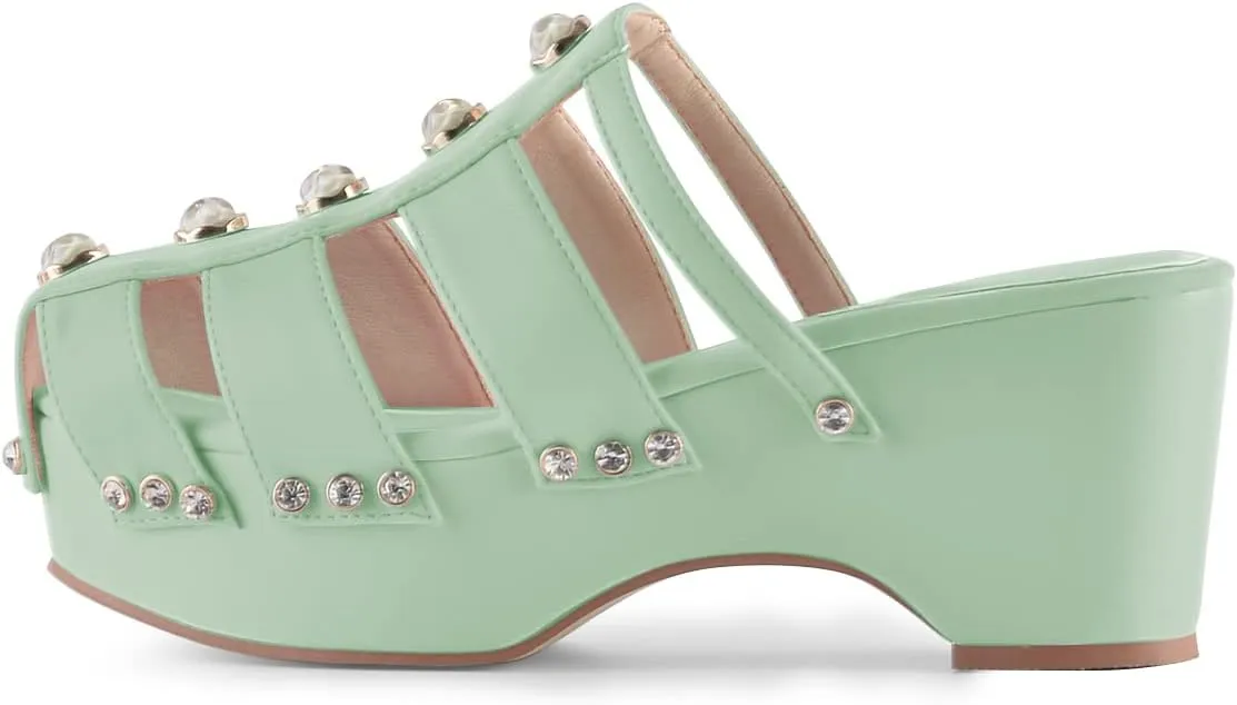 XYD Women's Crystal Diamond Platform Sandal High Heels Wedge Closed Round Toe Slip On Pearl Mules Summer Dress Party Slippers Shoes
