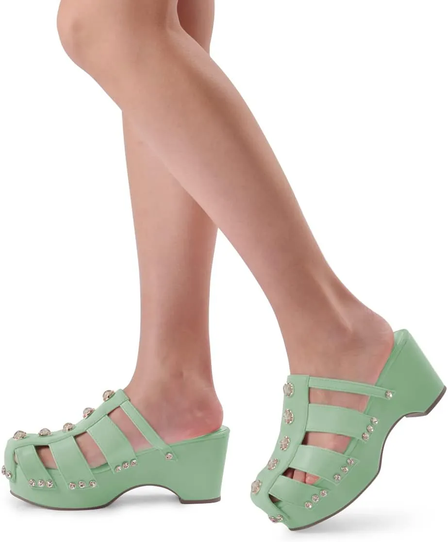 XYD Women's Crystal Diamond Platform Sandal High Heels Wedge Closed Round Toe Slip On Pearl Mules Summer Dress Party Slippers Shoes