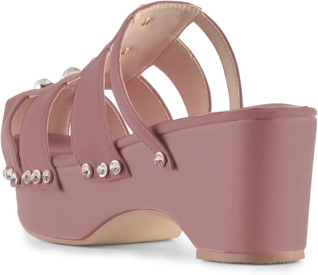 XYD Women's Crystal Diamond Platform Sandal High Heels Wedge Closed Round Toe Slip On Pearl Mules Summer Dress Party Slippers Shoes