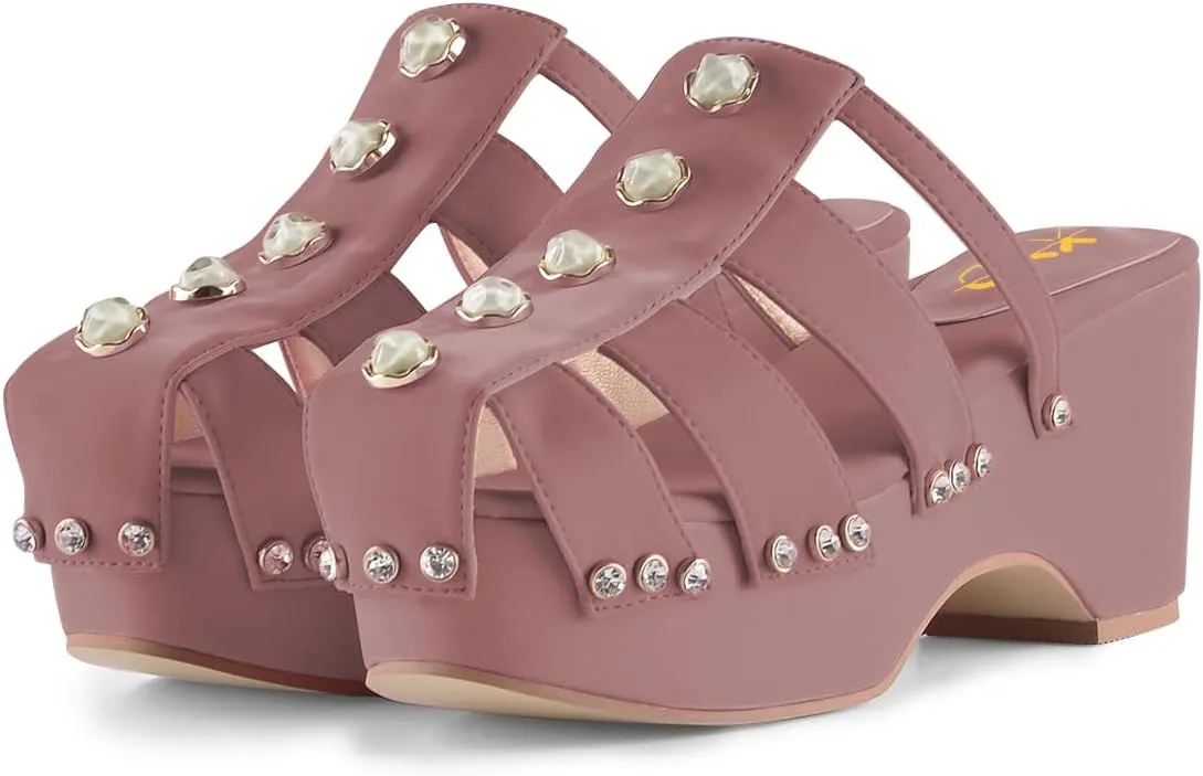 XYD Women's Crystal Diamond Platform Sandal High Heels Wedge Closed Round Toe Slip On Pearl Mules Summer Dress Party Slippers Shoes