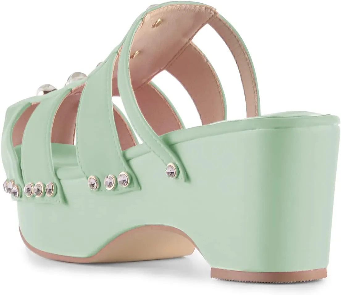 XYD Women's Crystal Diamond Platform Sandal High Heels Wedge Closed Round Toe Slip On Pearl Mules Summer Dress Party Slippers Shoes