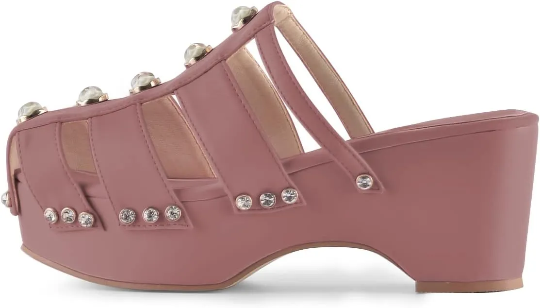 XYD Women's Crystal Diamond Platform Sandal High Heels Wedge Closed Round Toe Slip On Pearl Mules Summer Dress Party Slippers Shoes