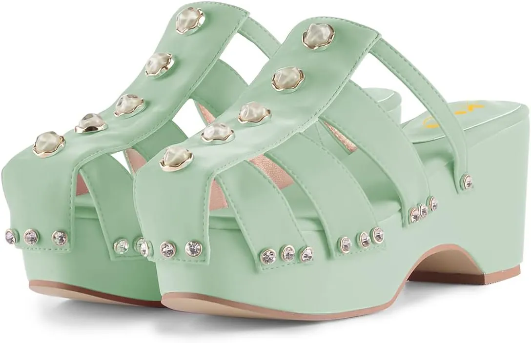 XYD Women's Crystal Diamond Platform Sandal High Heels Wedge Closed Round Toe Slip On Pearl Mules Summer Dress Party Slippers Shoes