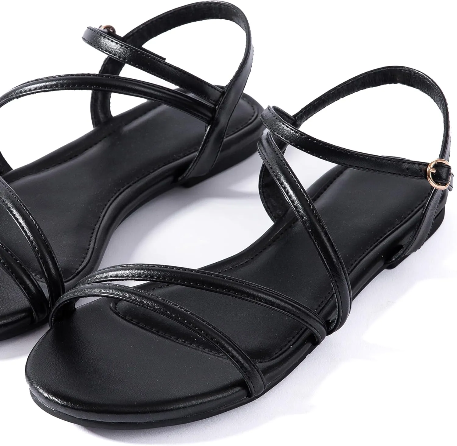 YANWENFANG Women Strappy Flat Sandals, Leather Dressy Summer Slides