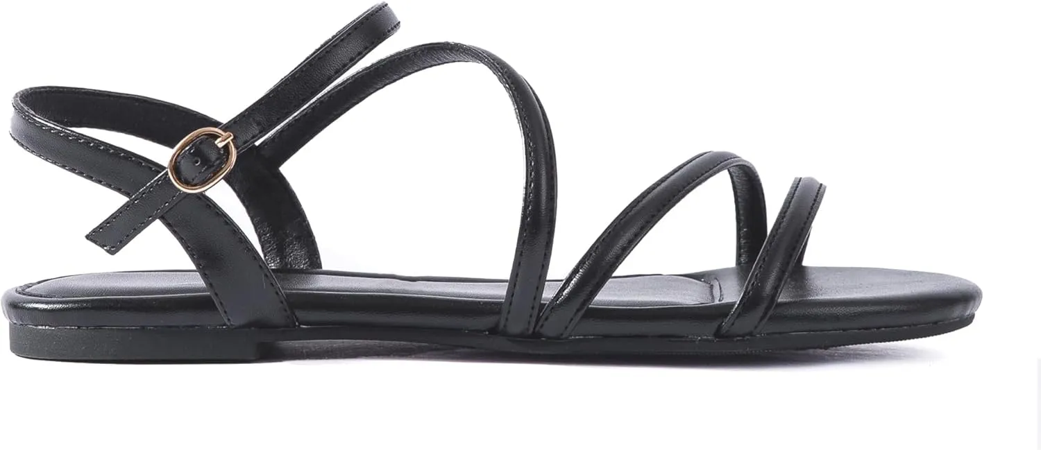 YANWENFANG Women Strappy Flat Sandals, Leather Dressy Summer Slides