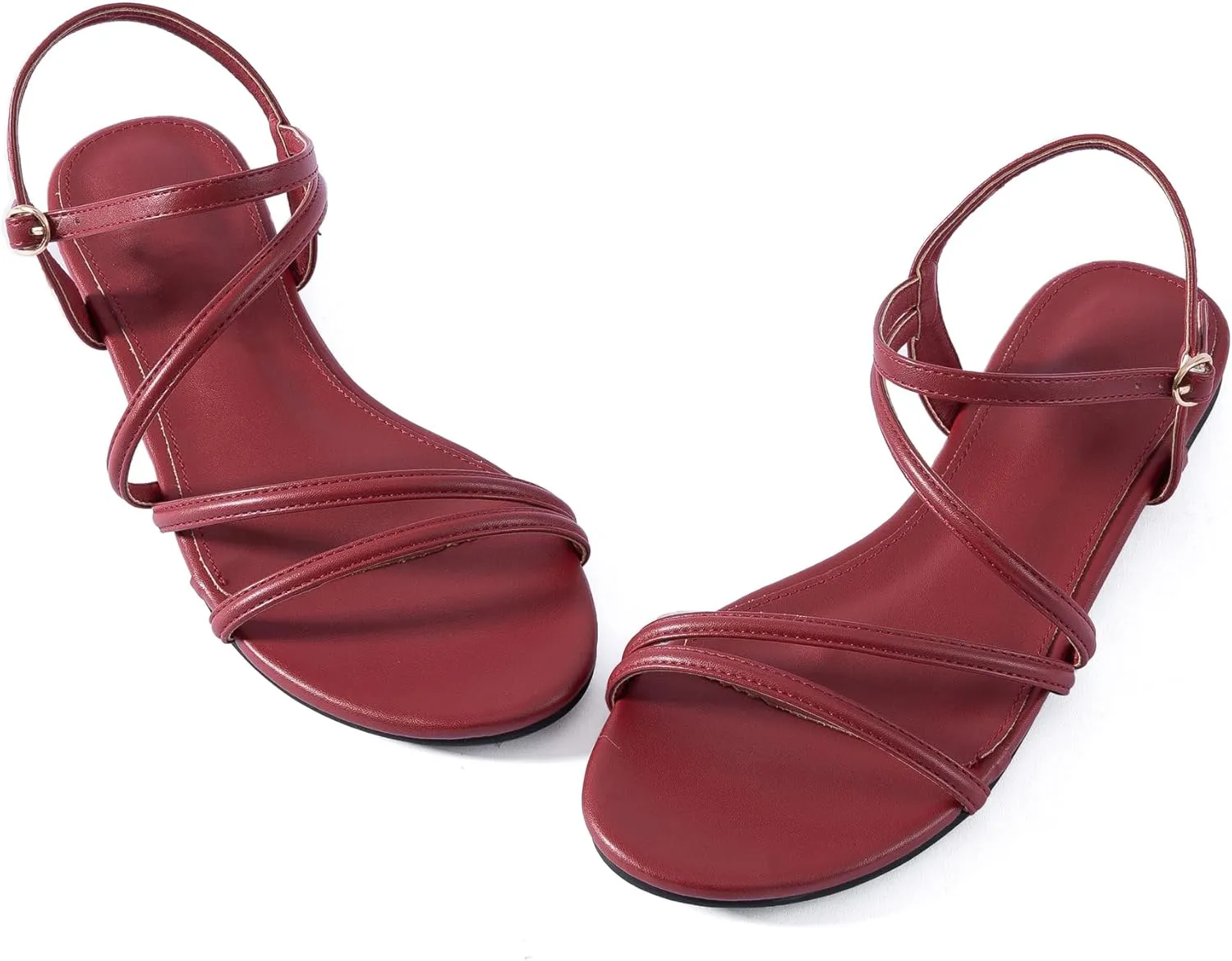 YANWENFANG Women Strappy Flat Sandals, Leather Dressy Summer Slides
