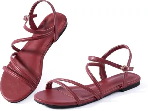 YANWENFANG Women Strappy Flat Sandals, Leather Dressy Summer Slides