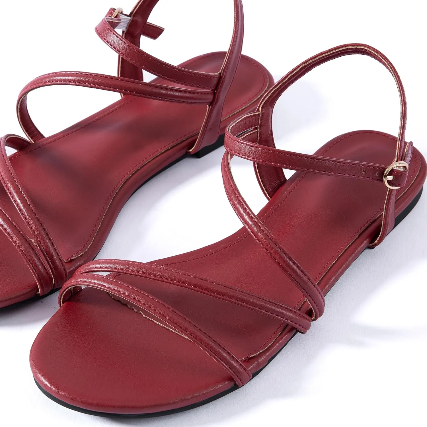 YANWENFANG Women Strappy Flat Sandals, Leather Dressy Summer Slides