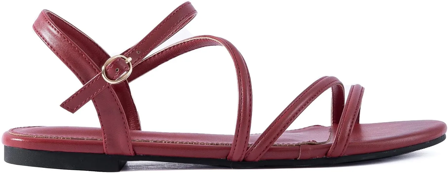YANWENFANG Women Strappy Flat Sandals, Leather Dressy Summer Slides