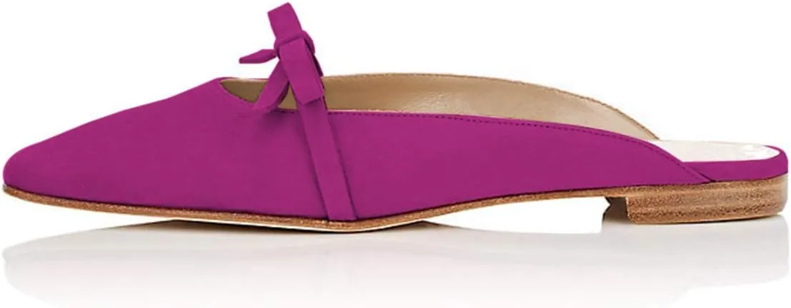 YDN Women's Comfortable Pointed Toe Flats Mules Backless Slide Sandals Classic Slip on Pumps Bowknots Suede Beach Daily Shoes