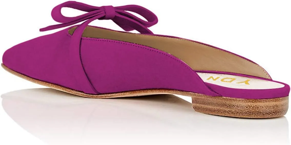 YDN Women's Comfortable Pointed Toe Flats Mules Backless Slide Sandals Classic Slip on Pumps Bowknots Suede Beach Daily Shoes