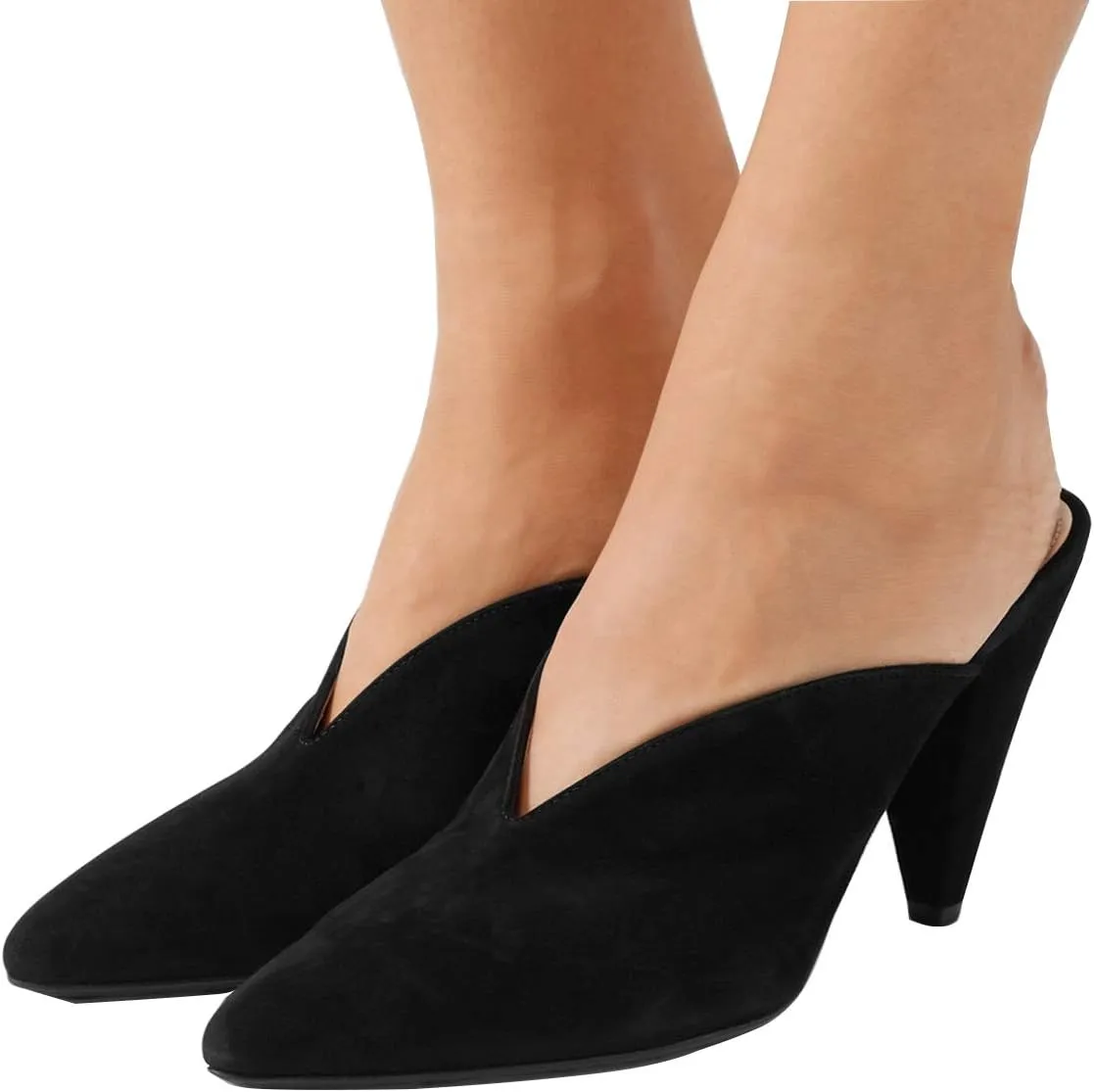 YDN Women's Cone Heel Pointed Toe Slide Mules Slip on V Cut Leather Slide Sandals Clog Dress Shoe Size 4-15 US