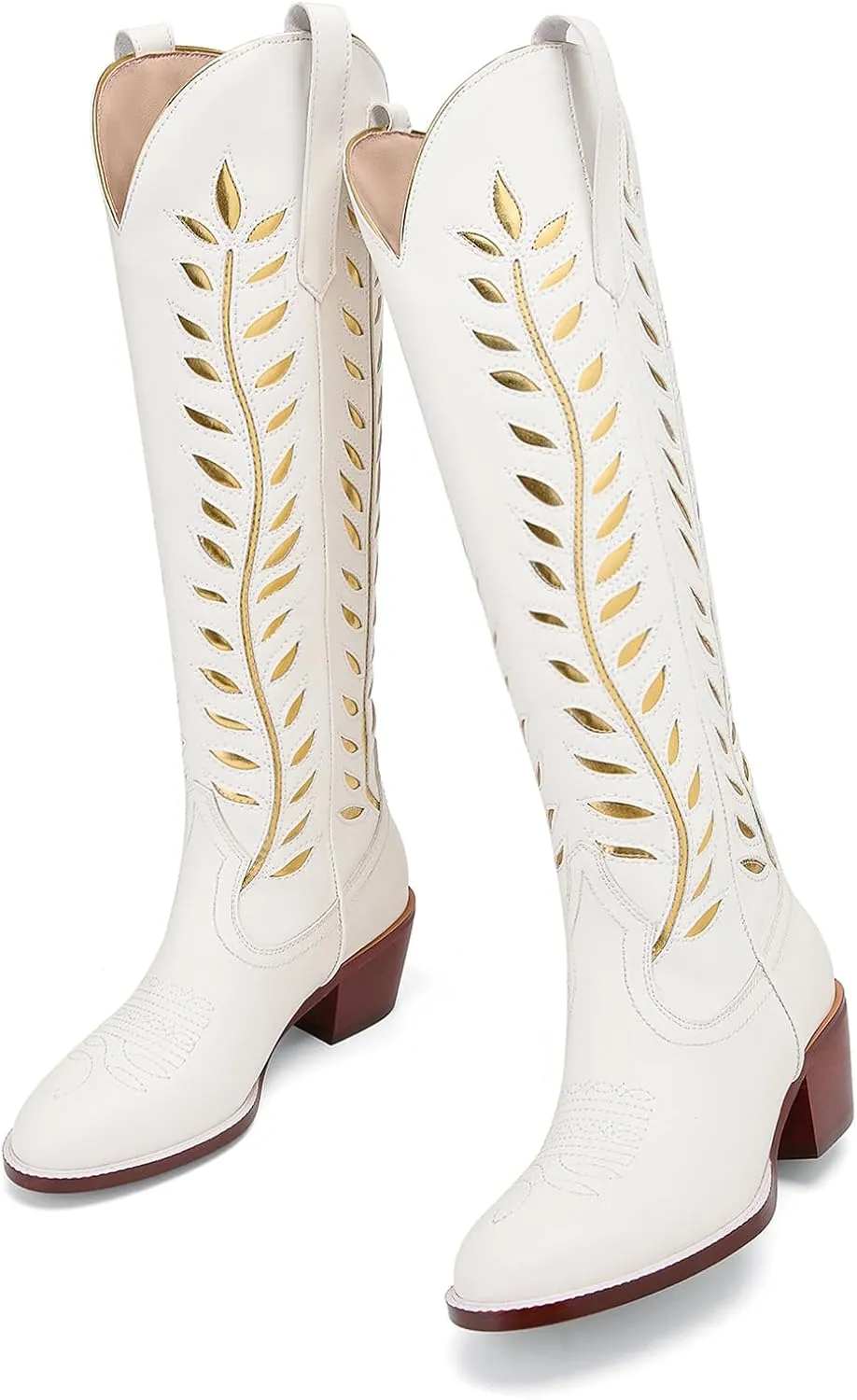 Yishaweiqi Embroidered Cowboy Boots for Women Almond Round Toe Chunky Heel Cowgirl Boots Pull On Knee High Western Boots with Contrast Foliage Inlay