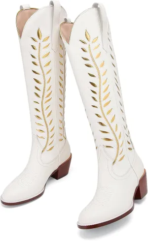 Yishaweiqi Embroidered Cowboy Boots for Women Almond Round Toe Chunky Heel Cowgirl Boots Pull On Knee High Western Boots with Contrast Foliage Inlay