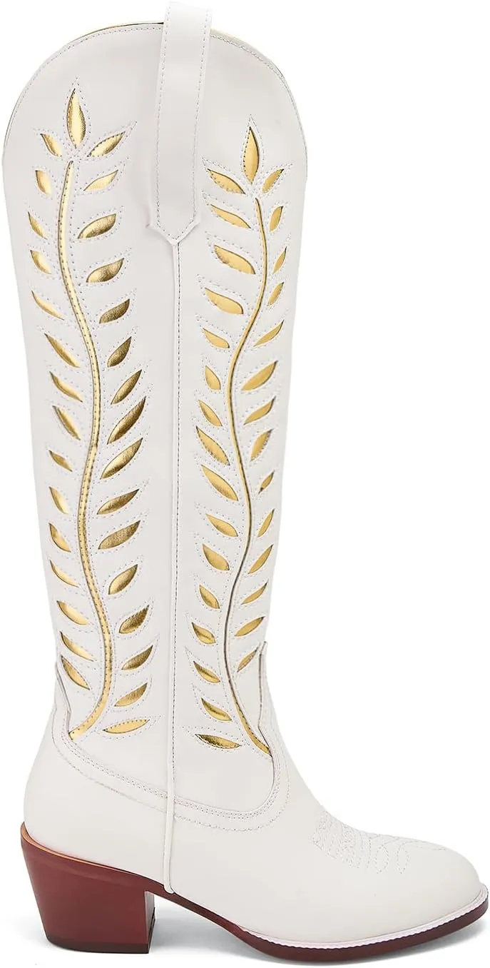 Yishaweiqi Embroidered Cowboy Boots for Women Almond Round Toe Chunky Heel Cowgirl Boots Pull On Knee High Western Boots with Contrast Foliage Inlay