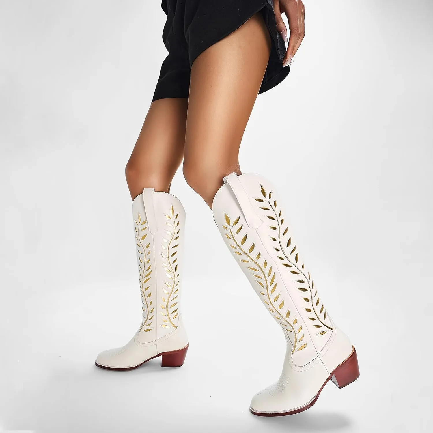 Yishaweiqi Embroidered Cowboy Boots for Women Almond Round Toe Chunky Heel Cowgirl Boots Pull On Knee High Western Boots with Contrast Foliage Inlay