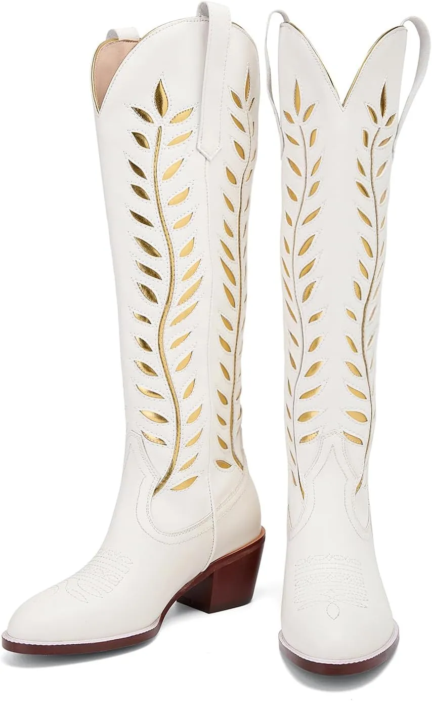 Yishaweiqi Embroidered Cowboy Boots for Women Almond Round Toe Chunky Heel Cowgirl Boots Pull On Knee High Western Boots with Contrast Foliage Inlay