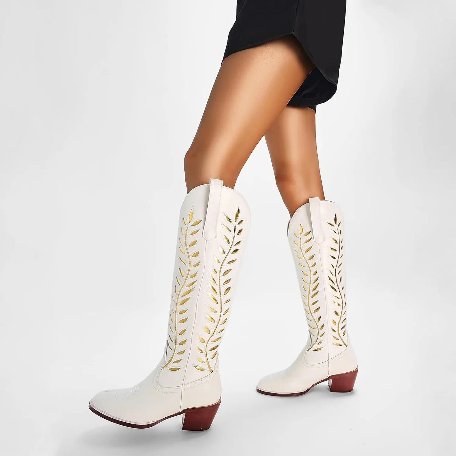 Yishaweiqi Embroidered Cowboy Boots for Women Almond Round Toe Chunky Heel Cowgirl Boots Pull On Knee High Western Boots with Contrast Foliage Inlay