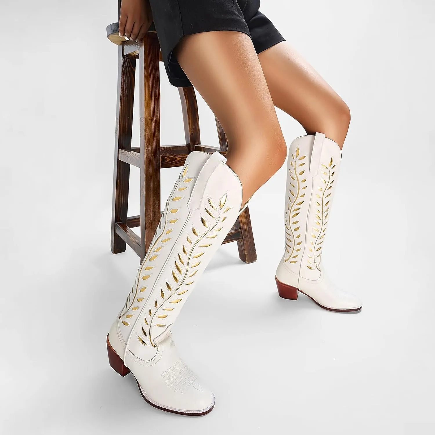 Yishaweiqi Embroidered Cowboy Boots for Women Almond Round Toe Chunky Heel Cowgirl Boots Pull On Knee High Western Boots with Contrast Foliage Inlay