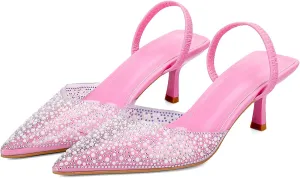 YIYA Women's Clear Slingback Heels with Pearl Studded Pointed Toe Kitten Mid Heels Sparkly Rhinestone Slip On Wedding Party Shoes