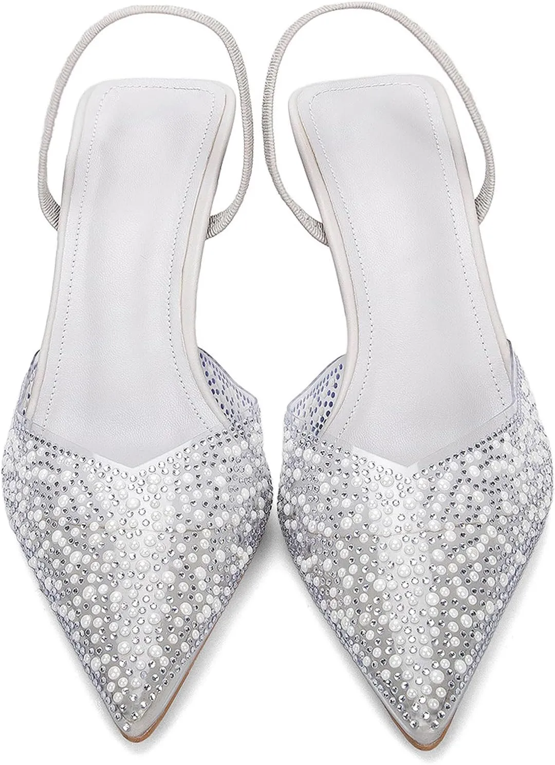 YIYA Women's Clear Slingback Heels with Pearl Studded Pointed Toe Kitten Mid Heels Sparkly Rhinestone Slip On Wedding Party Shoes