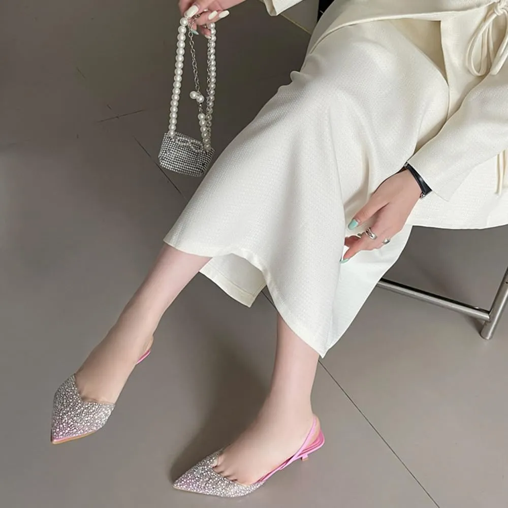 YIYA Women's Clear Slingback Heels with Pearl Studded Pointed Toe Kitten Mid Heels Sparkly Rhinestone Slip On Wedding Party Shoes