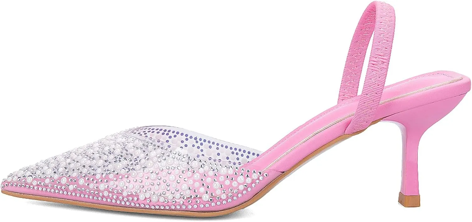 YIYA Women's Clear Slingback Heels with Pearl Studded Pointed Toe Kitten Mid Heels Sparkly Rhinestone Slip On Wedding Party Shoes