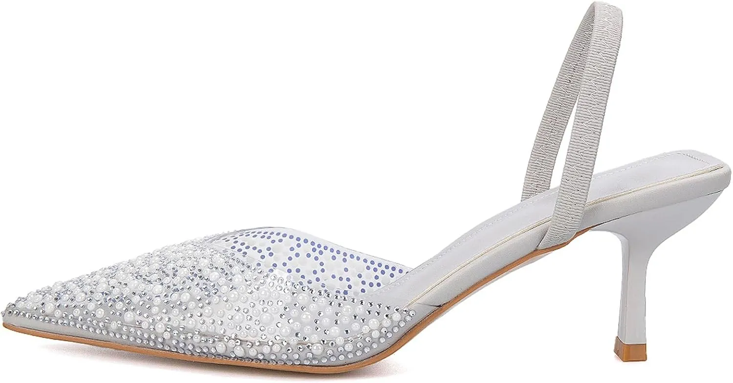 YIYA Women's Clear Slingback Heels with Pearl Studded Pointed Toe Kitten Mid Heels Sparkly Rhinestone Slip On Wedding Party Shoes