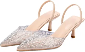 YIYA Women's Clear Slingback Heels with Pearl Studded Pointed Toe Kitten Mid Heels Sparkly Rhinestone Slip On Wedding Party Shoes