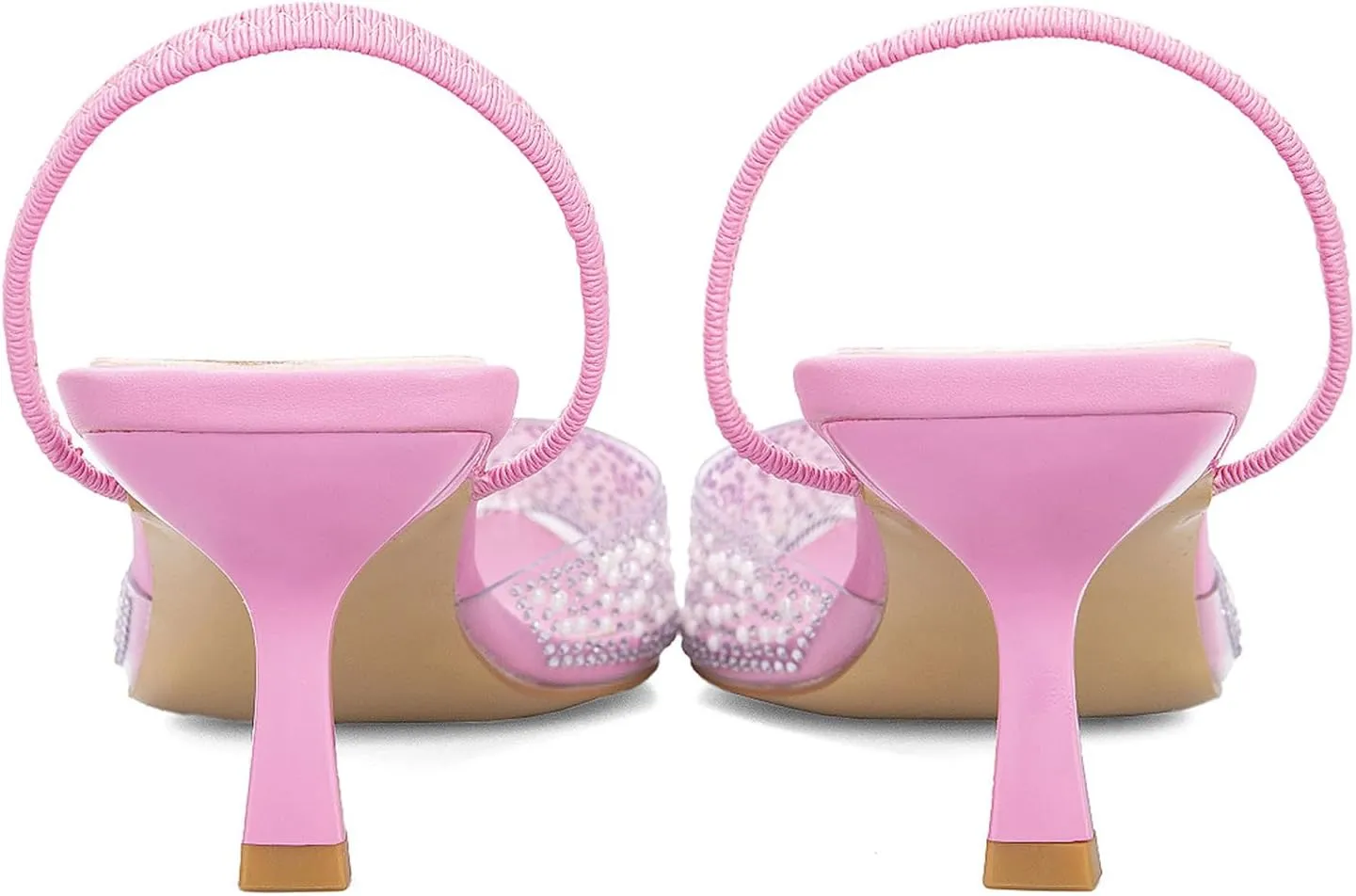 YIYA Women's Clear Slingback Heels with Pearl Studded Pointed Toe Kitten Mid Heels Sparkly Rhinestone Slip On Wedding Party Shoes