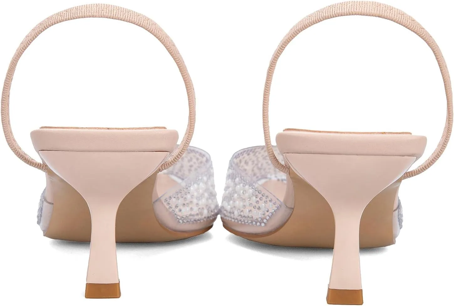YIYA Women's Clear Slingback Heels with Pearl Studded Pointed Toe Kitten Mid Heels Sparkly Rhinestone Slip On Wedding Party Shoes