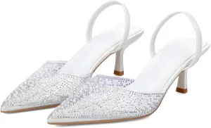 YIYA Women's Clear Slingback Heels with Pearl Studded Pointed Toe Kitten Mid Heels Sparkly Rhinestone Slip On Wedding Party Shoes