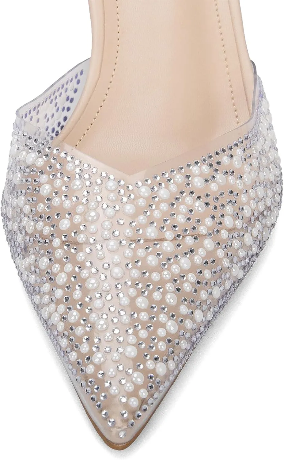 YIYA Women's Clear Slingback Heels with Pearl Studded Pointed Toe Kitten Mid Heels Sparkly Rhinestone Slip On Wedding Party Shoes