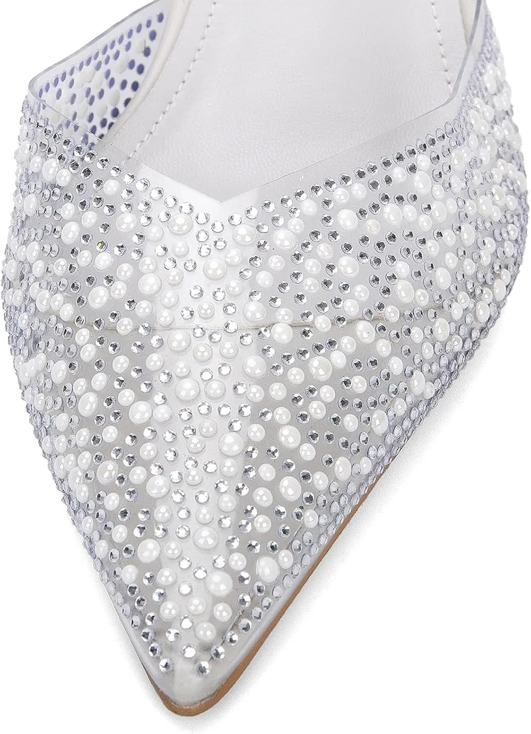 YIYA Women's Clear Slingback Heels with Pearl Studded Pointed Toe Kitten Mid Heels Sparkly Rhinestone Slip On Wedding Party Shoes