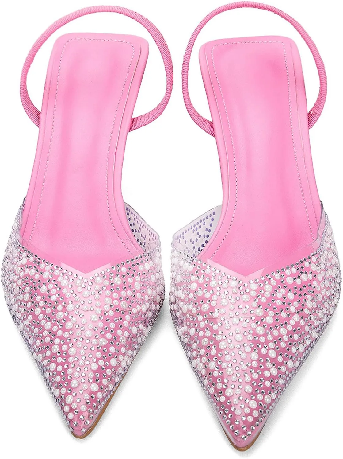 YIYA Women's Clear Slingback Heels with Pearl Studded Pointed Toe Kitten Mid Heels Sparkly Rhinestone Slip On Wedding Party Shoes