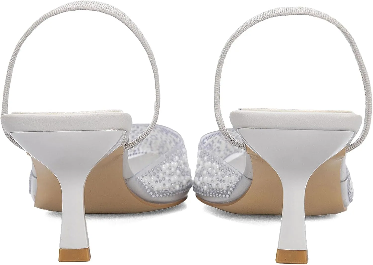 YIYA Women's Clear Slingback Heels with Pearl Studded Pointed Toe Kitten Mid Heels Sparkly Rhinestone Slip On Wedding Party Shoes