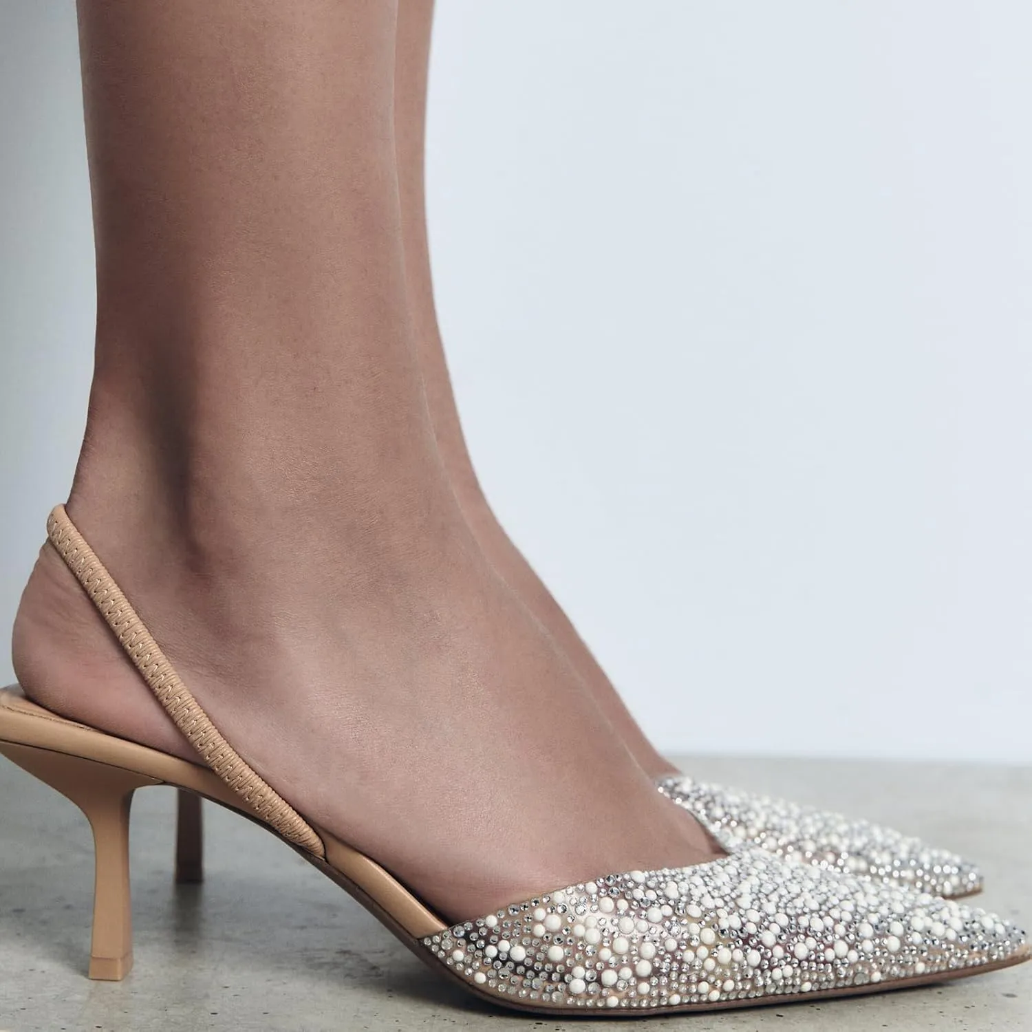 YIYA Women's Clear Slingback Heels with Pearl Studded Pointed Toe Kitten Mid Heels Sparkly Rhinestone Slip On Wedding Party Shoes