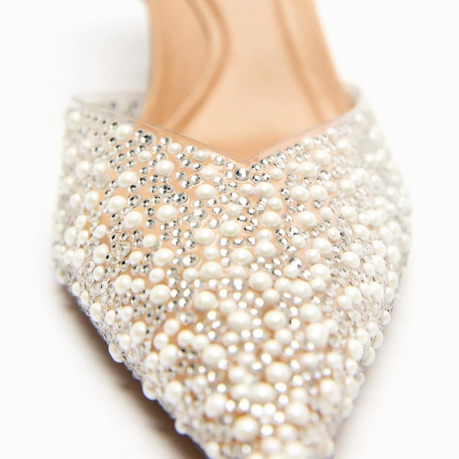 YIYA Women's Clear Slingback Heels with Pearl Studded Pointed Toe Kitten Mid Heels Sparkly Rhinestone Slip On Wedding Party Shoes