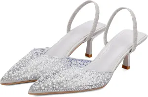 YIYA Women's Clear Slingback Heels with Pearl Studded Pointed Toe Kitten Mid Heels Sparkly Rhinestone Slip On Wedding Party Shoes
