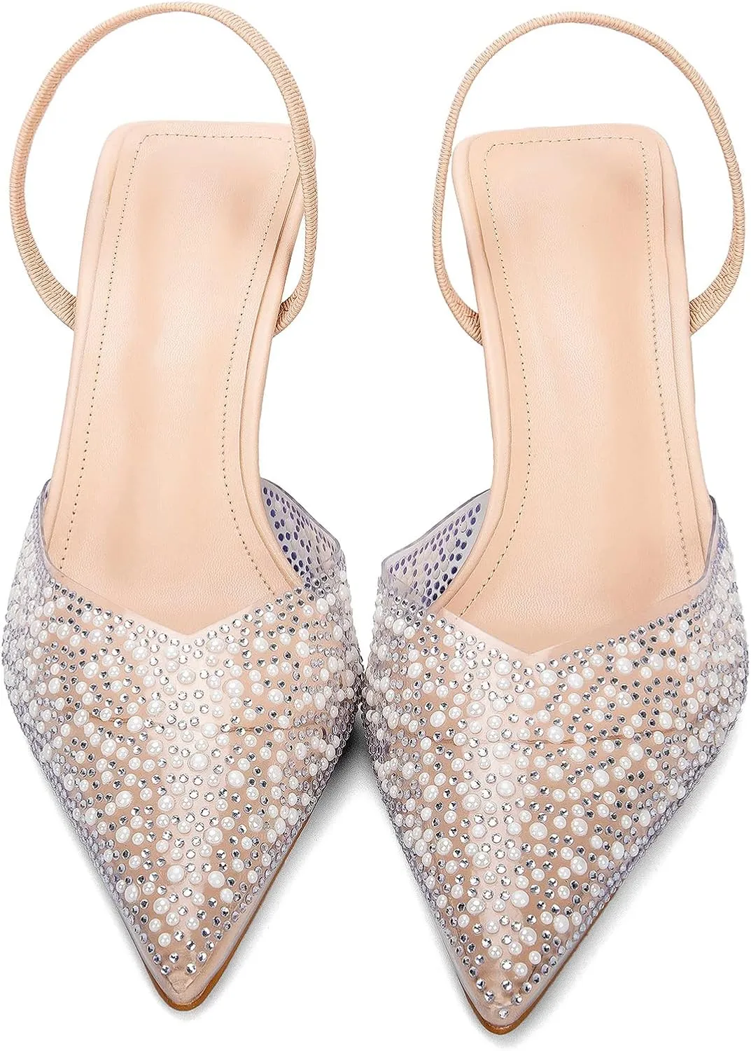 YIYA Women's Clear Slingback Heels with Pearl Studded Pointed Toe Kitten Mid Heels Sparkly Rhinestone Slip On Wedding Party Shoes