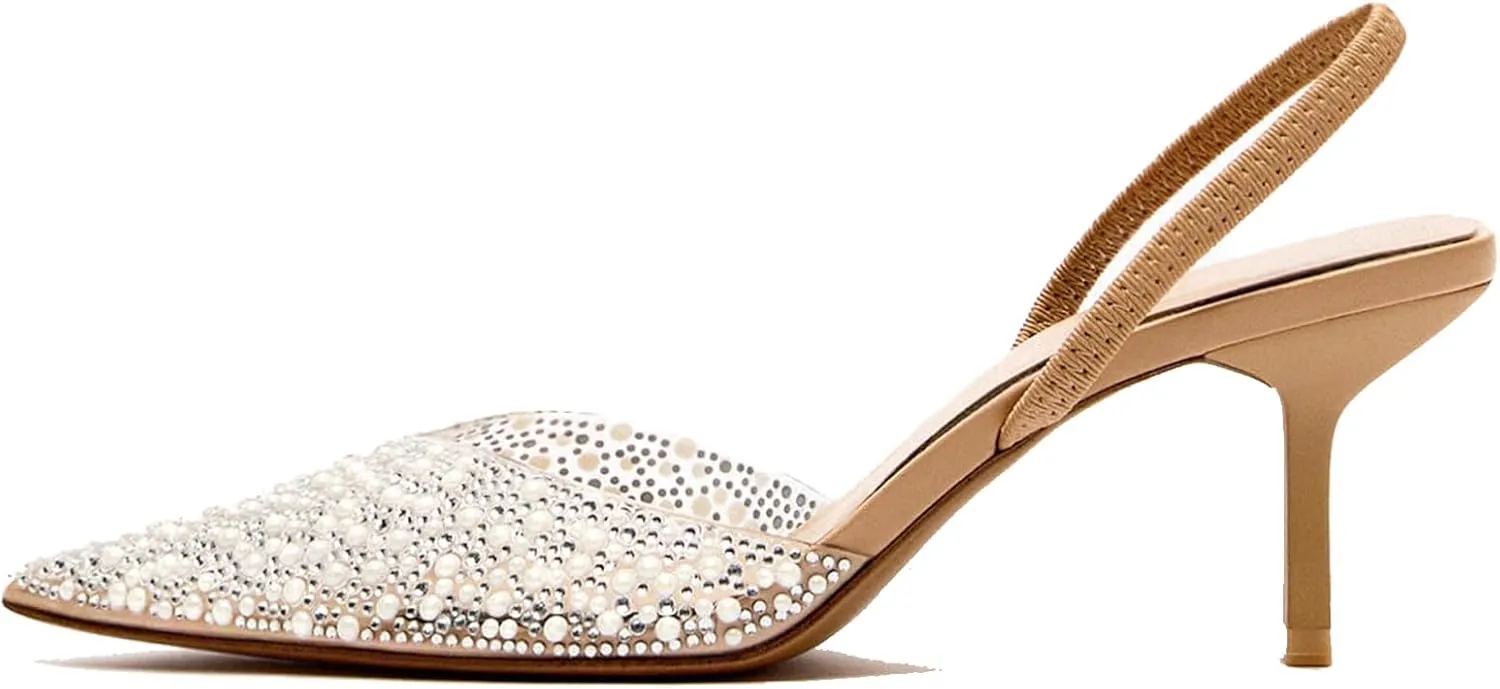 YIYA Women's Clear Slingback Heels with Pearl Studded Pointed Toe Kitten Mid Heels Sparkly Rhinestone Slip On Wedding Party Shoes
