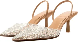 YIYA Women's Clear Slingback Heels with Pearl Studded Pointed Toe Kitten Mid Heels Sparkly Rhinestone Slip On Wedding Party Shoes