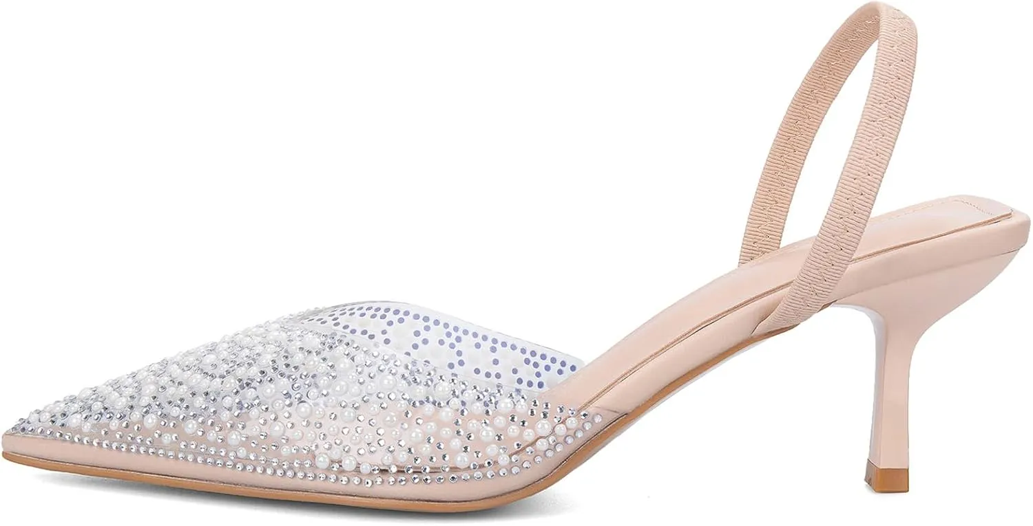 YIYA Women's Clear Slingback Heels with Pearl Studded Pointed Toe Kitten Mid Heels Sparkly Rhinestone Slip On Wedding Party Shoes
