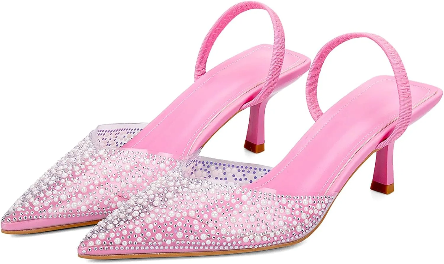 YIYA Women's Clear Slingback Heels with Pearl Studded Pointed Toe Kitten Mid Heels Sparkly Rhinestone Slip On Wedding Party Shoes