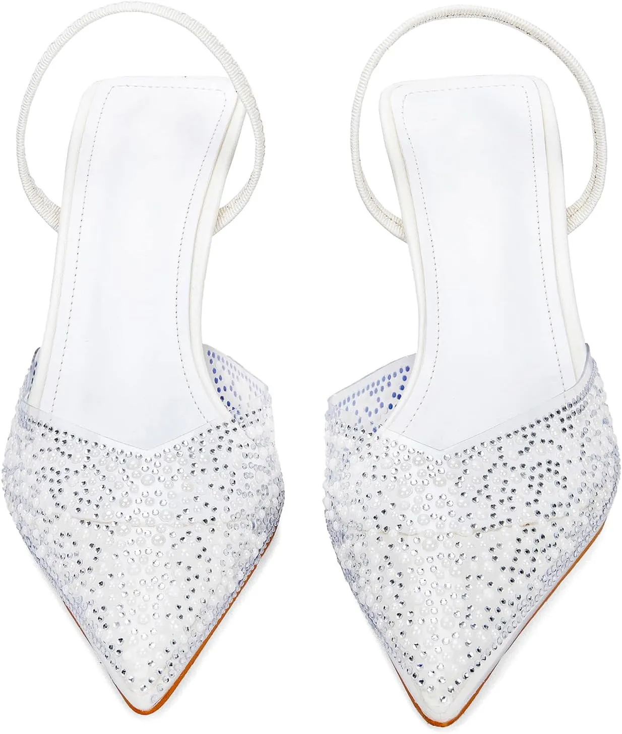 YIYA Women's Clear Slingback Heels with Pearl Studded Pointed Toe Kitten Mid Heels Sparkly Rhinestone Slip On Wedding Party Shoes
