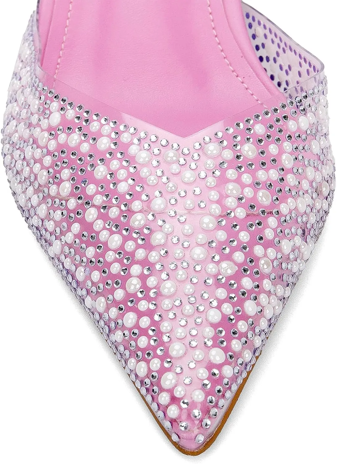 YIYA Women's Clear Slingback Heels with Pearl Studded Pointed Toe Kitten Mid Heels Sparkly Rhinestone Slip On Wedding Party Shoes